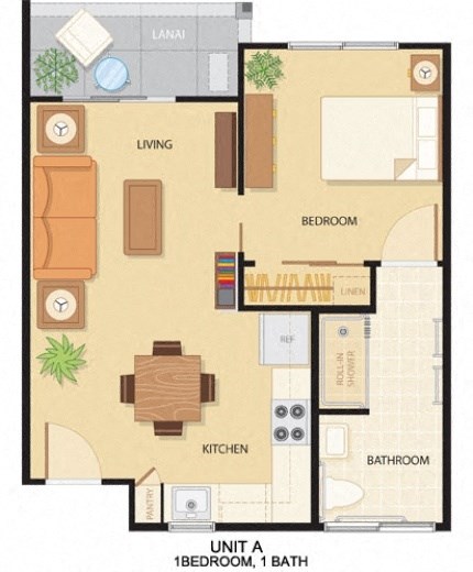 Floor plan for 1 bed, 1 bath, 530 sqft